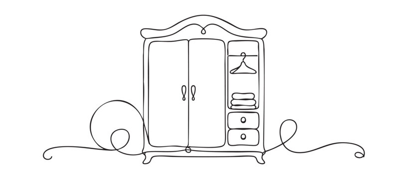 wardrobe outline drawing with decorative swirls and flourishes