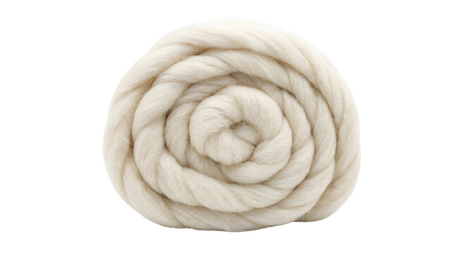 Coiled white wool roving top for arm knitting and spinning