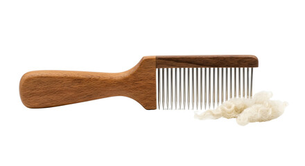 Wooden wool comb with fine steel tines beside washed fleece © Pimpun