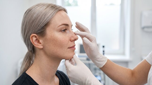 Arzt in wei&szlig;en Handschuhen untersucht das Gesicht und die Nase einer jungen Patientin in einer hellen Praxis. Konzept f&uuml;r plastische Chirurgie, Nasenkorrektur, Dermatologie oder kosmetische Behandlung