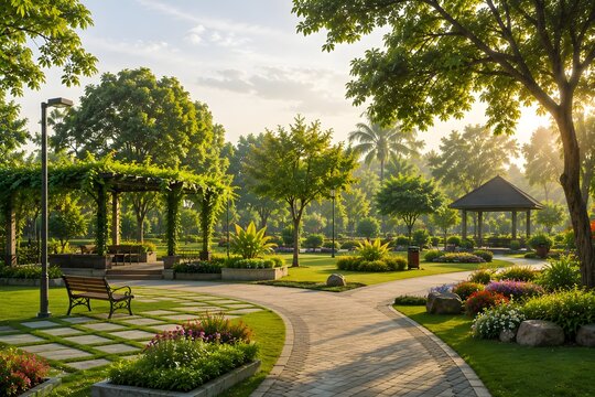 Beautiful Green Park with Walking Paths and Gazebo