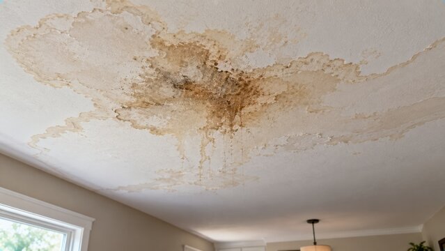 Major water leak from ceiling with brown stains and dripping liquid indicates roof or pipe failure.