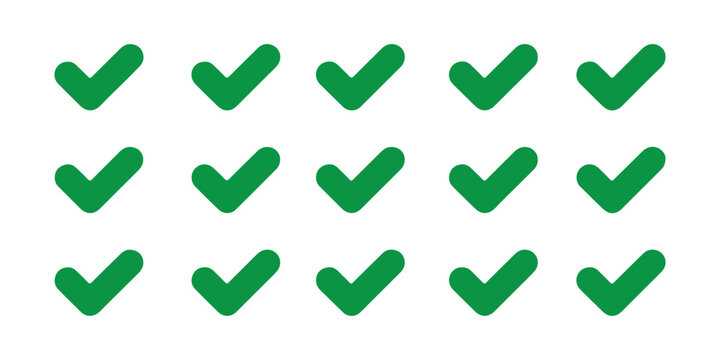 Collection of green check mark icons in simple flat style for positive approval and website list bullet points.