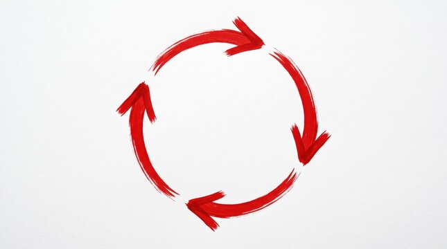Red brush stroke arrows forming a circle on white background, hand drawn cycle symbol, recycling loop, refresh icon, continuous process, grunge texture, business workflow concept