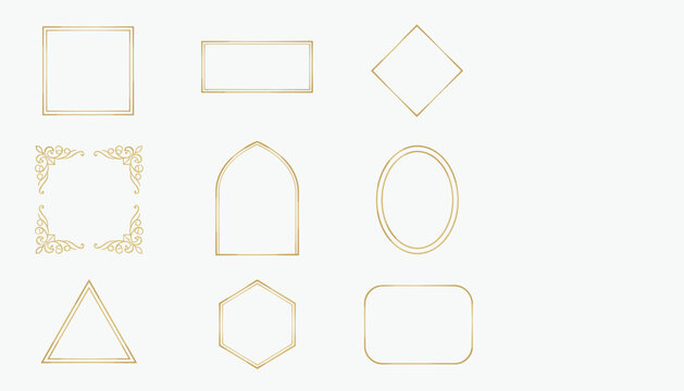 Collection of elegant gold colored frames in various geometric and decorative shapes for luxury certificates or photographs on white.