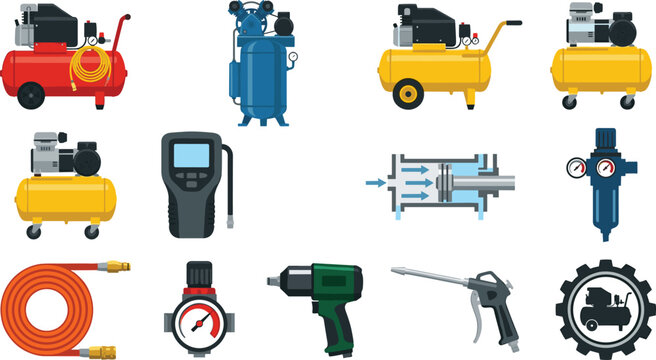 Air Compressor and Pneumatic Tools Icon Set Featuring Pressure Equipment, Air Hoses, Drills, Gauges, Blow Guns and Industrial Workshop Accessories