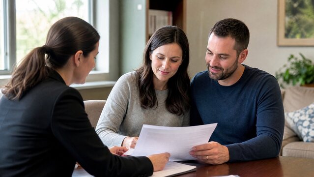 Professional financial advisor meeting with young couple, mortgage consultation with bank representative, insurance agent reviewing documents