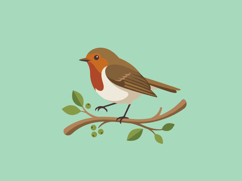 Flat vector illustration of a European robin bird with an orange red breast perched on a brown tree branch with small green leaves and berries, isolated on a light mint green background.