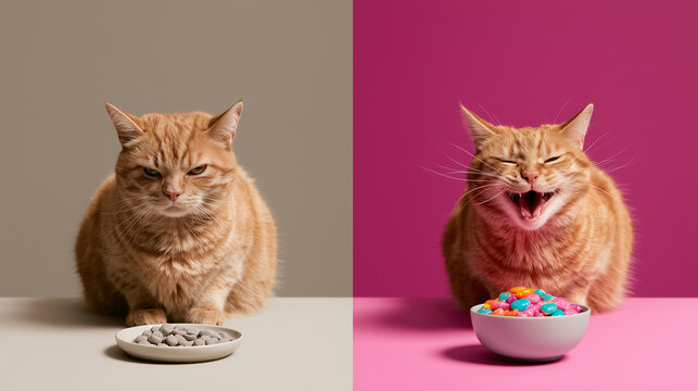 Before and after treat comparison of an orange tabby cat, split-screen showing unimpressed cold mood transformed into joyful excitement over a bowl of colorful treats, pet food packaging marketing
