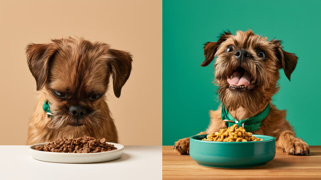 Before and after feeding comparison of a Brussels Griffon dog, split-screen showing sad disinterested mood transformed into joyfully excited energy over a bowl of golden appetizing kibble 