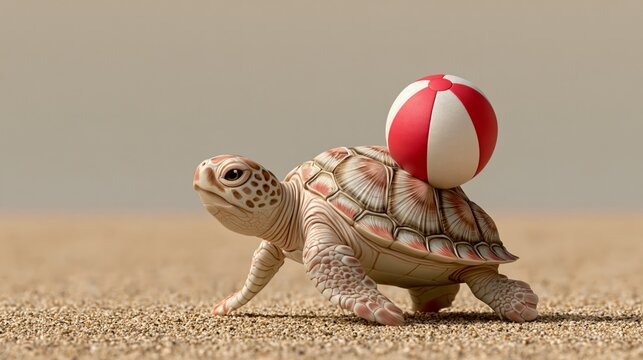 Turtle carrying a small beach ball on its shell, walking on sand, white background, copy space