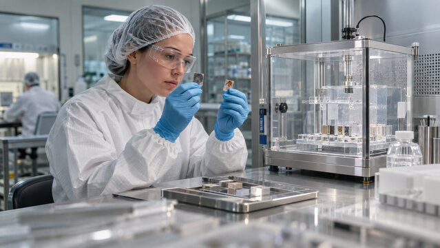 Female scientist in cleanroom suit examining and comparing material samples near testing chamber. Concept of researcher, compares, reactions, laboratory, materials science, research.