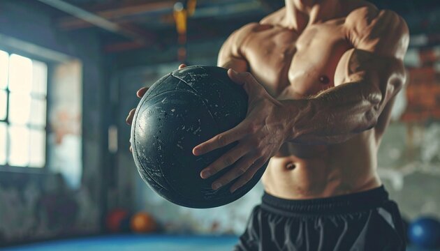 Shirtless muscular man holding a heavy medicine ball in a gritty gym