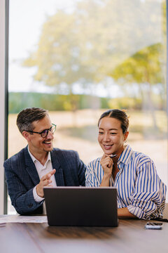 Business Colleagues Collaborating Over Laptop In Modern Office Meeting With Smiling Professionals
