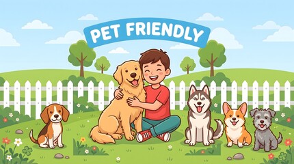 Fototapeta premium Happy boy hugging a golden retriever with various dog breeds in a pet friendly park.