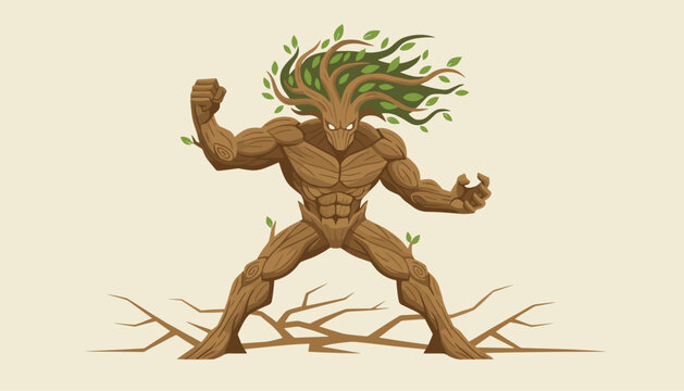 Powerful tree monster character with muscular wooden limbs and a head of leaves standing in a combat pose over cracked earth.