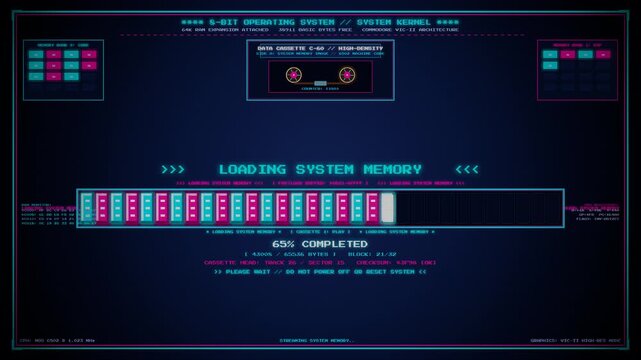Retro System Loading Animation: An 8-bit style retro computer terminal interface displaying "Loading System Memory" text with a glowing neon progress bar on a dark background.