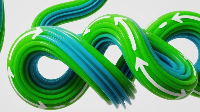 Green and blue abstract forms with white arrows twist endlessly in a loop. This fluid motion suggests progress, cycles, and direction against a clean white backdrop.