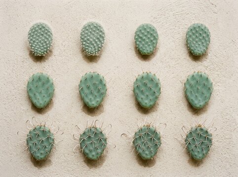 Desert Geometry with Prickly Pear Cactus Pads on Beige Wall