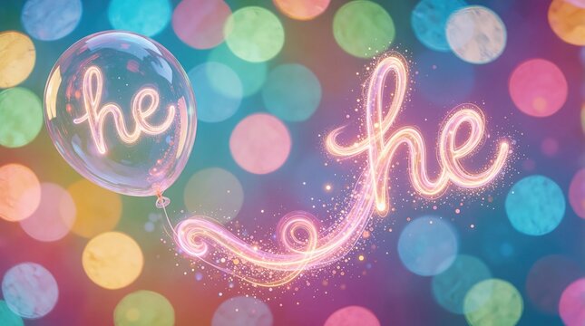 Glowing neon word floats from transparent balloon. Light trails, sparkles create magical abstract effect. Colorful bokeh lights blur background creating festive atmosphere for celebrations science