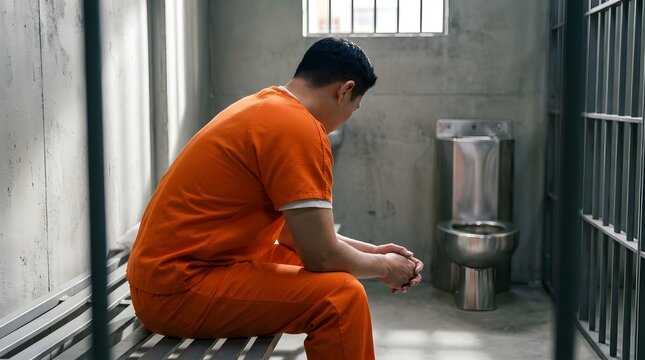 Rear view of young man in orange prison uniform sitting on bench.