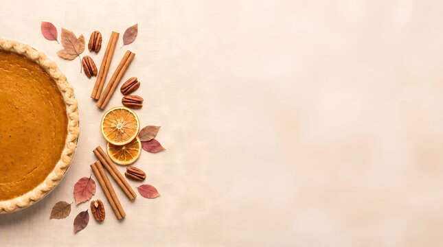 Freshly baked pumpkin pie with cinnamon sticks and autumn leaves on a light beige background with copy space