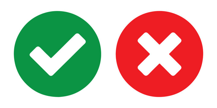 Green checkmark and red cross circle stickers for transparent web interface validation positive negative.