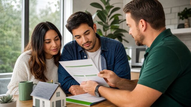 Professional real estate agent consulting young couple. Financial advisor showing mortgage documents. Home buying process and investment planning.