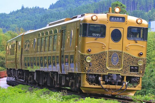 The JR Kyushu 'Aru Ressha' gold sweets-train luxury sightseeing train on June 19, 2016 in Japan.