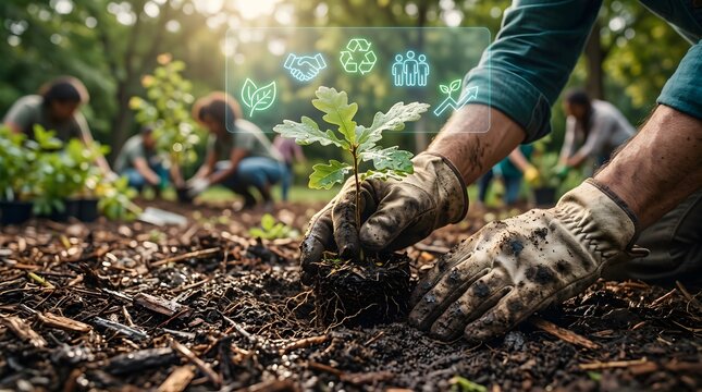 Hands planting oak sapling in soil with digital sustainability and ecology icons overlay