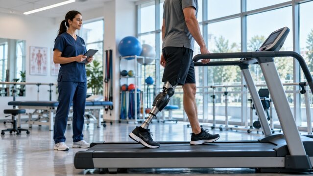 Male physical therapy patient walks on a treadmill wearing advanced robotic prosthetic limb leg.