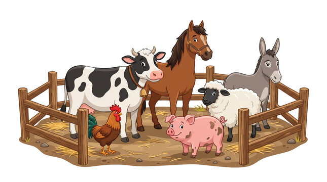 Group of cute farm animals standing together inside a wooden fence on a white background
