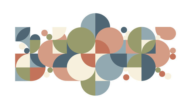 Horizontal abstract pattern composed of intersecting circles and semi-circles in a harmonious palette of blue green and terracotta.