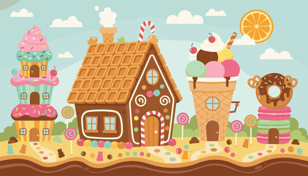 Magical candy land landscape is filled with gingerbread houses cupcake towers ice cream cones and giant lollipops.