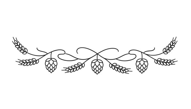 Black line art decorative divider banner featuring wheat ears and hop cones over a solid white background.