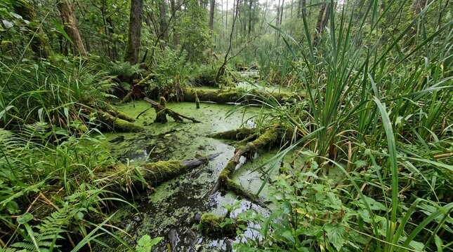 Forest swamp covered with green slime, murky water, mossy textures, mysterious wilderness atmosphere