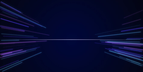 Abstract blue and violet speed light rays shooting toward a bright horizontal center beam on deep blue background for futuristic presentation slides. © Roshana