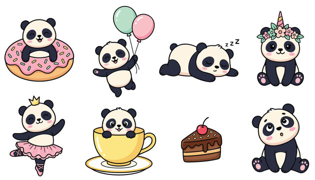 Cute panda sticker set with kawaii character illustrations sleeping dancing eating donut and holding birthday balloons vector