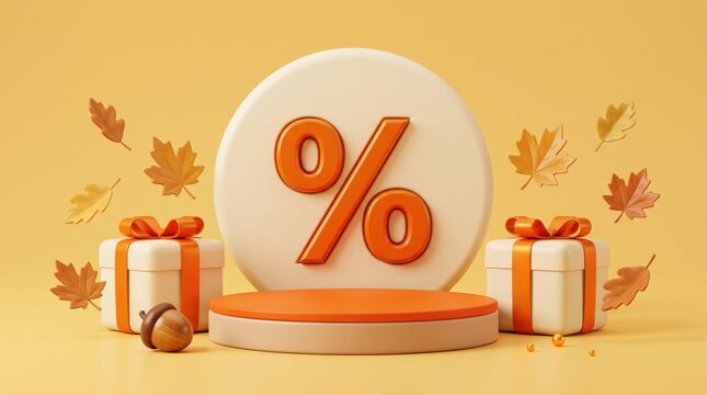 Discount percentage symbol with gifts and autumn leaves