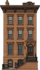 Fototapeta premium Ornate brownstone townhouse exterior with symmetrical windows and entrance detail