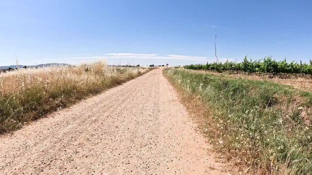 Via de la Plata, dirt road through agricultural plowed fields before arriving to Puebla de Sancho Perez, province of Badajoz, Extremadura, Spain