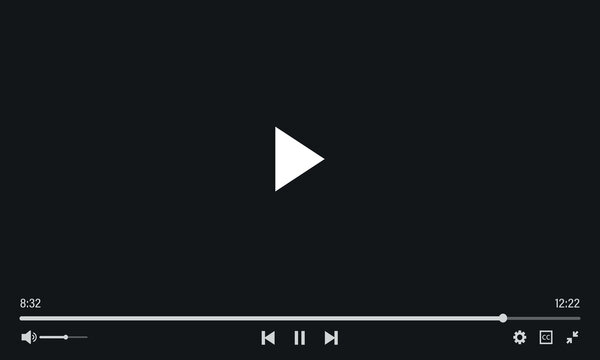 Modern dark video player interface with play button timeline scrubber and control icons for media streaming applications and digital video playback platforms.