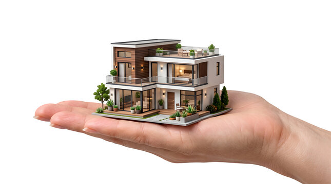 A miniature modern luxury house model held in the palm of a human hand