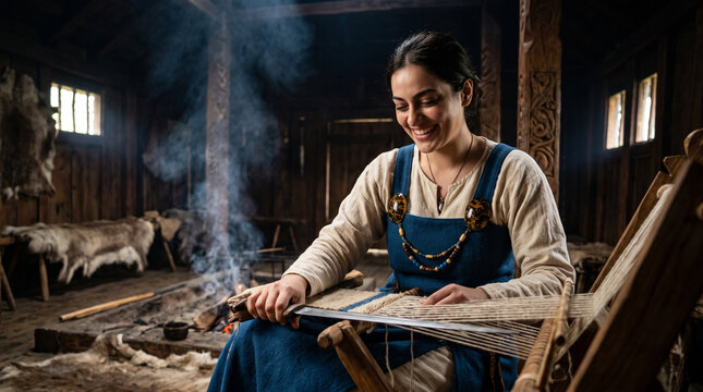 Smiling Viking woman weaving cloth on wooden loom with sword extend beat inside longhouse interior