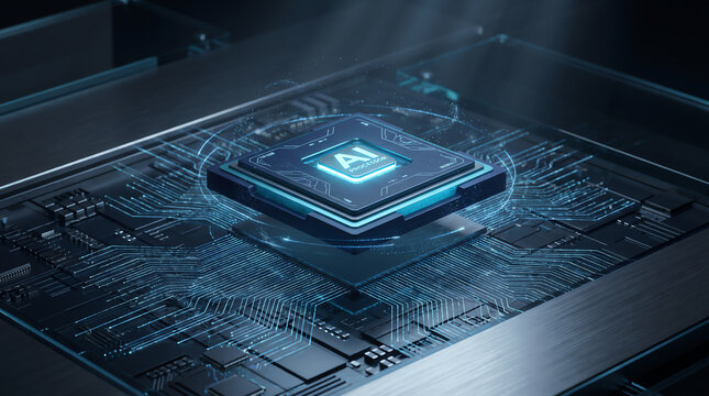 Close up of a computer processor chip with glowing blue circuit board details
