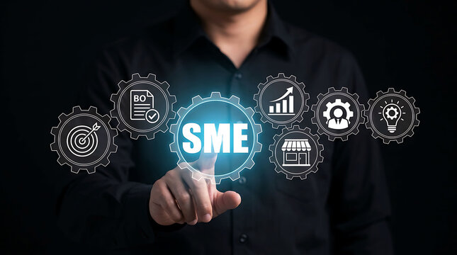 Businessman Touching SME Small And Medium Enterprise Gear Icon Strategy Concept