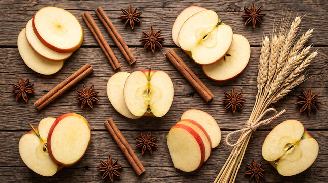 Fresh sliced apples with cinnamon sticks and wheat stalks on rustic wooden table background