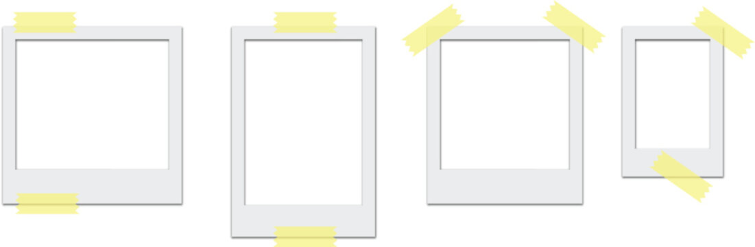 Instant photo frame, polaroid picture wall empty frames, realistic portrait blank film album mockup with adhesive tape shadow effect on transparent background mockup