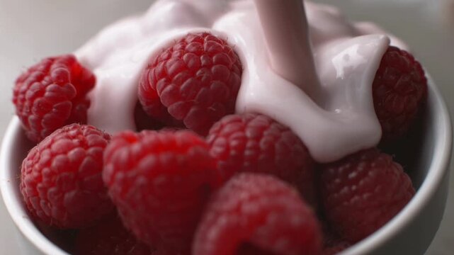 Fresh raspberries in a bowl topped with smooth cream, vibrant red berries and creamy white texture food close up