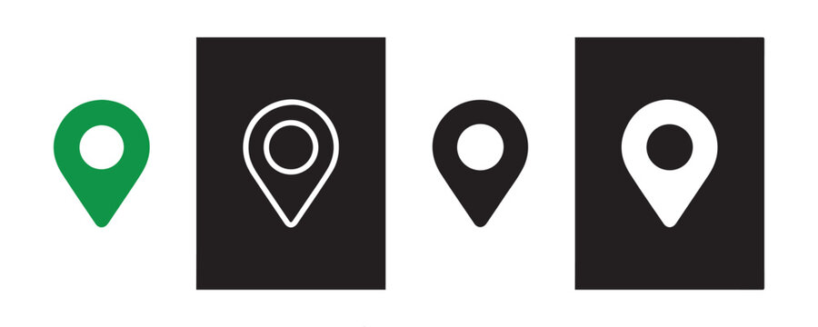 Map location pointer icons in green and black colors showing flat and negative space design variations now.